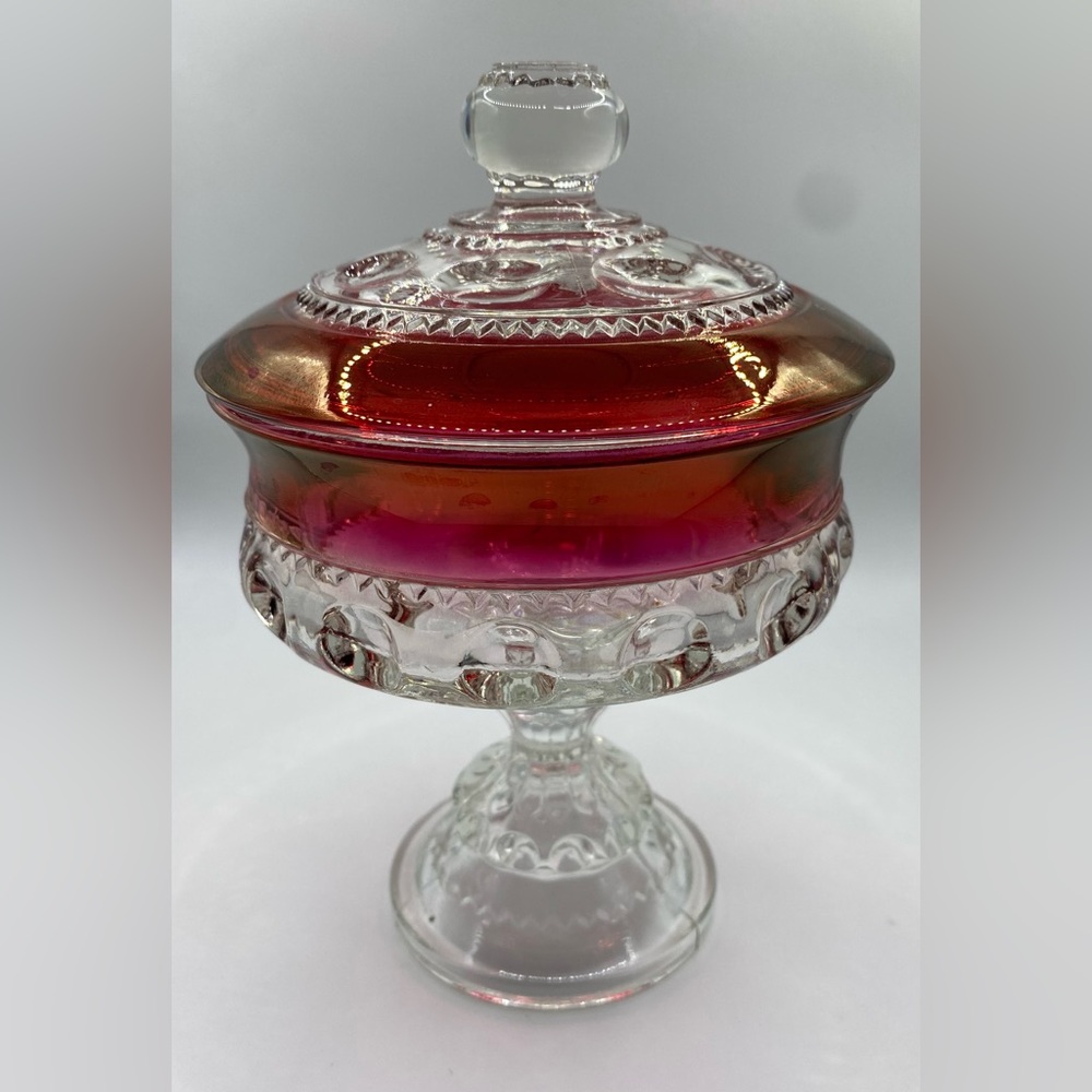 Tiffin-Franciscan Kings Crown Thumbprint Ruby Flashed Lidded Compote Candy Dish